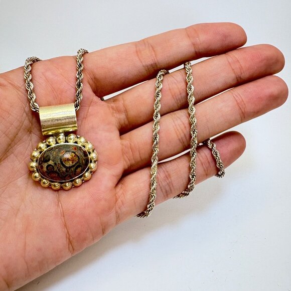 VTG Sterling Silver 925 Leopard Jasper Bezel Set Pendant Necklace 24" Length - Picture 9 of 15